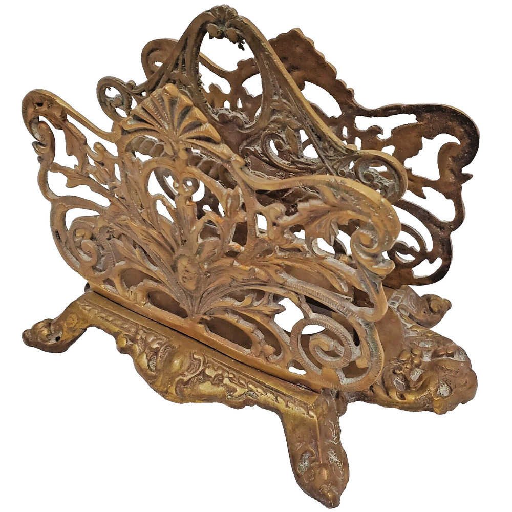 Vintage Brass Ornate Victorian Style Napkin Letter Holder Organizer MCM Metal